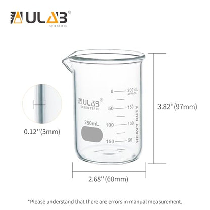 ULAB Scientific Glass Beakers, Vol. 250ml, 3.3 Borosilicate Griffin Low Form with Printed Graduation, Pack of 5, UBG1033 - style: 5pcs of Vol.250ml, Low form