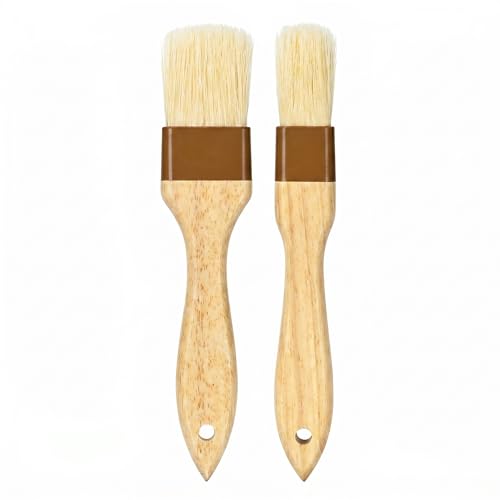 2 Pcs Pastry Brush, Natural Bristle Basting Brush, Beech Wooden Handle Basting and BBQ Brushes for Cooking, Butter, Oil, Egg, Marinade, Sauce, Grilling, Baking (1 Inch, 1 1/2 Inch)