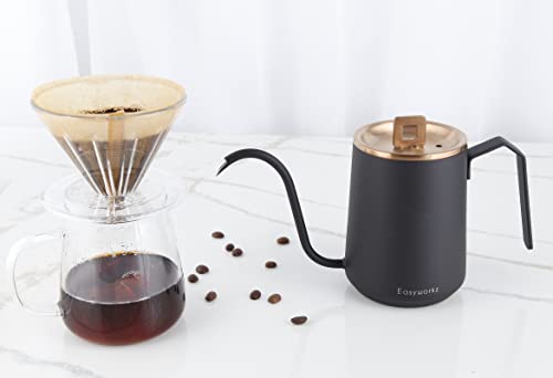 Easyworkz Gooseneck Pour Over Coffee Kettle 20 oz Stainless Steel Hand Drip Coffee Pot With Long Narrow Spout, Rose Gold Black - color: Rose Gold Black