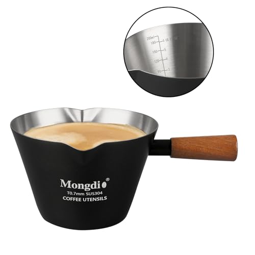Mongdio Espresso Measuring Cup, Stainless Steel Espresso Shot Cups with Wooden Handle and Double Spouts, 6.8OZ/200ML, Black - color: Black, size: 6.8oz