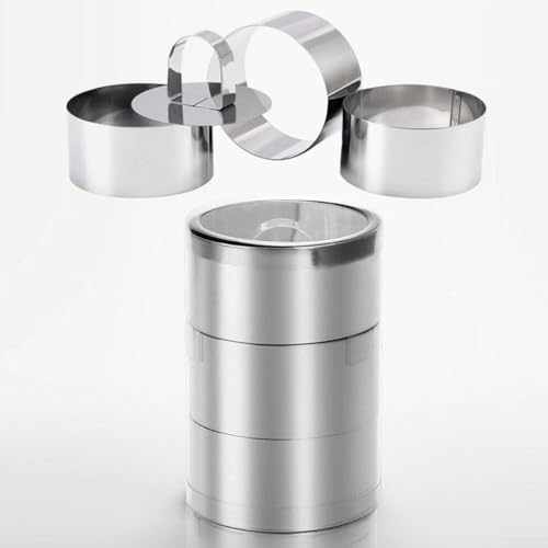 Stainless Steel Cooking Rings Set with Food Press, 4 Piece Kitchen Utensil for Dessert and Food Presentation, Dishwasher Safe Molds for Terrines Mousses Cheesecakes