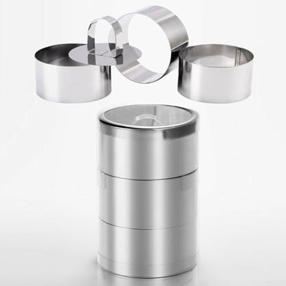 Stainless Steel Cooking Rings Set with Food Press, 4 Piece Kitchen Utensil for Dessert and Food Presentation, Dishwasher Safe Molds for Terrines Mousses Cheesecakes