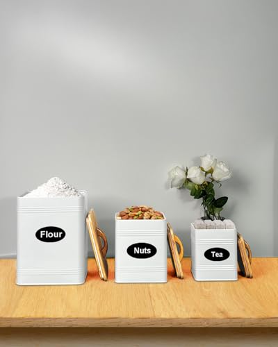 vensovo Kitchen Canister Set of 3 - Large 7 Qt Flour and Sugar Containers Airtight - White Metal Food Storage Jars with Bamboo Lids, Iron Spoon & Erasable Magnetic Labels, Farmhouse Decor for Pantry