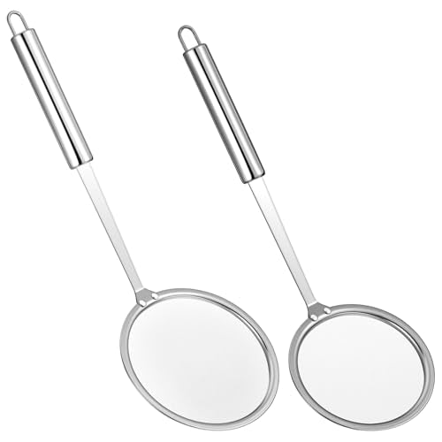 2Pcs Fat Skimmer Spoon, Stainless Steel Fine Mesh Strainer Food Strainer for Cooking,Skimming and Floating Grease Foam & Oil (10cm & 14cm)