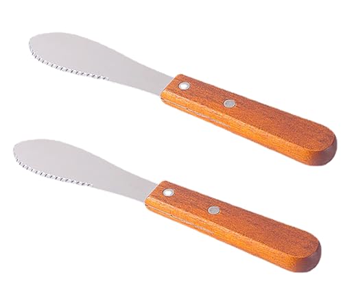 나무 손잡이가 달린 치즈 스프레더, 20.3cm(8인치) 스테인리스 스틸 버터 나이프 2개, 치즈, 케이크, 크림 및 빵용 (2)