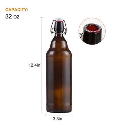 Amber Glass Bottles With Air Tight Lids 32 oz, Easy Cap for Beer and Home Brewing, Kombucha With Stoppers, Swing Top for Beverages 8 Pack