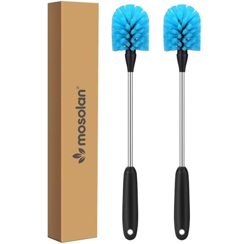 MOSOLAN Stainless Steel Water Bottle Brush, Long Handle Scrubbing Brush, Built for Cleaning Sport Bottles, Baby Bottles, Cups, Coffee Mugs, Glasswares, Wine Decanters, Flask, 2 Pack, 15 in - size: 15 Inch (Pack of 2)