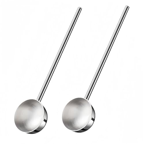 Small Soup Ladle SUS304 Stainless Steel Metal Deep Spoon With Pour Spout 2 oz Long Handle Gravy Ladles Heat-Resistant for Kitchen Cooking Serving Soups and Drizzle Sauces 2 Pack Set (10.5 inch)