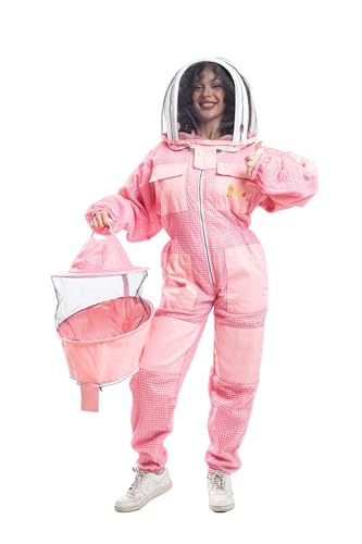 -- Beekeeping Ventilated Suit in multi-Colors with Round Or Fencing Veils - color: Pink Suit With Two Veils, size: X-Large