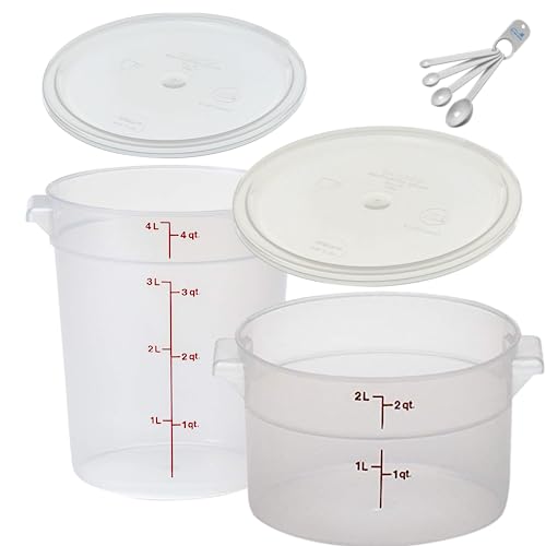 Lumintrail Cambro 2 Quart and 4 Quart Round Food Storage Container, Translucent, with Translucent Lids, Bundle with a Measuring Spoon Set
