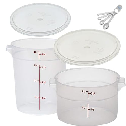 Lumintrail Cambro 2 Quart and 4 Quart Round Food Storage Container, Translucent, with Translucent Lids, Bundle with a Measuring Spoon Set
