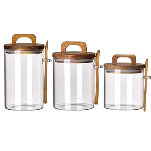 Coriario Glass Jar with Lid and Spoon 24&27&32 OZ Coffee Tea Sugar Canister Set of 3 Clear Glass Storage Jars Wooden Handle Lids Wide Mouth Glass Coffee Canister for Food Kitchen Candy - color: clear handle -set of 24/27/32oz