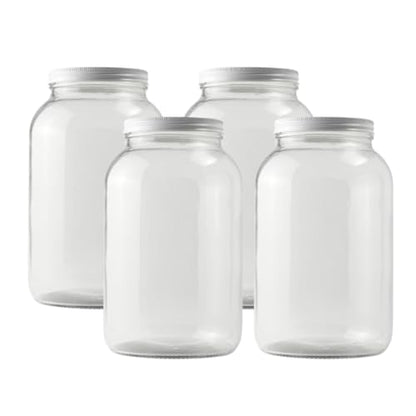 FastRack - One Gallon Wide Mouth Jar with White METAL Airtight Lid (Pack of 4) | Glass Canisters with Airtight Lids | Large Mouth Glass Jar with Fermentation Lid for brewing, fermentation and pickling - size: 4 Pack