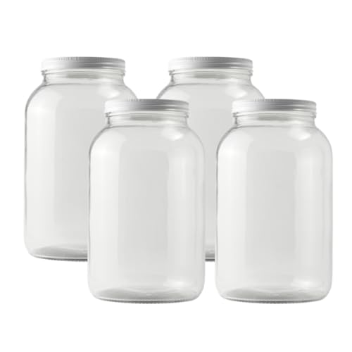 FastRack - One Gallon Wide Mouth Jar with White METAL Airtight Lid (Pack of 4) | Glass Canisters with Airtight Lids | Large Mouth Glass Jar with Fermentation Lid for brewing, fermentation and pickling - size: 4 Pack
