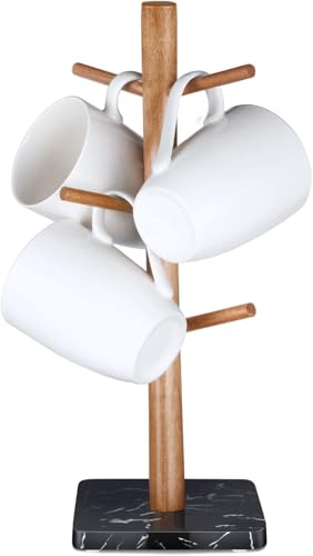 Buruis Wood Mug Holder, Marble Base Cup Rack Tree, Kitchen Coffee Mug Tree Countertop Tea Cups Holder Stand, Coffee Cup Dryer with 6 Hooks (Black) - color: Square base Black