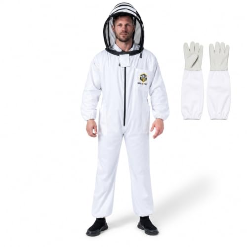 Cotton Beekeeping Suit with Removable Veil & Gloves – Full Body Protective Bee Suit, Breathable Sting Protection for Beginner & Professional Beekeepers (Adult-Large) - size: Adult-Large