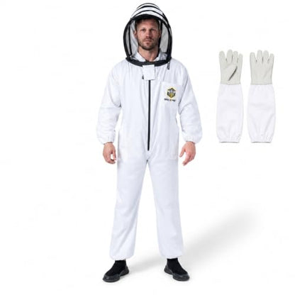 Cotton Beekeeping Suit with Removable Veil & Gloves – Full Body Protective Bee Suit, Breathable Sting Protection for Beginner & Professional Beekeepers (Adult-2XL) - size: Adult-2XL