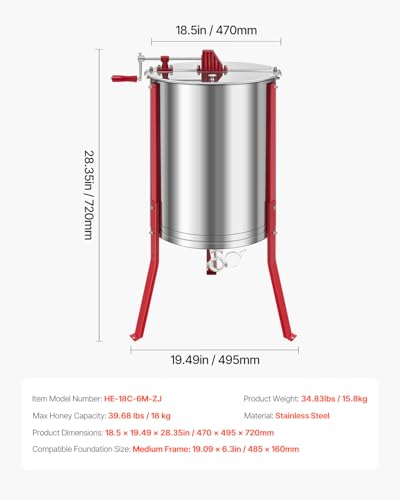 VEVOR Honey Extractor, 6 Frame Manual Honey Extractor with Transparent Lid, Honeycomb Drum Spinner with Height Adjustable Stand, Honeycomb Extraction Centrifuge Equipment for Beekeeping - style: 6 Frame