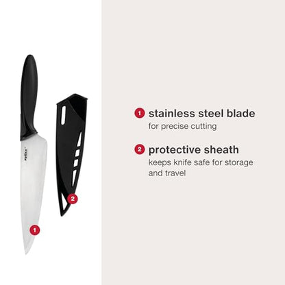 Zyliss Chef's Knife with Sheath Cover - Stainless Steel Knife - Fruit, Vegetable, Herbs & Meats Knife - Travel Knife with Safety Kitchen Blade Guards - Dishwasher & Hand Wash Safe - 7.25" - Black