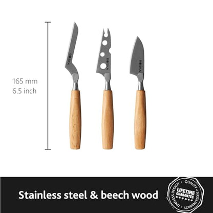 BOSKA Cheese Knife Set Amigo Small - Set of 5 Small Knives for All Cheese Types - Ergonomic Beech Wood Handle - Stainless Steel - Non-stick Thanks to BSF Treatment - style: 3-Piece Stainless steel Knife Set