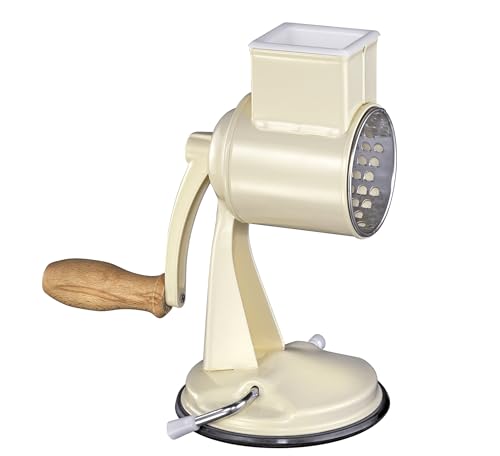 Zassenhaus Classic Drum Grater, Manual Kitchen Grater, Painted Metal, Beech Wood, Stainless Steel, Suction Base, 2 Grating Drums and Pestle, Can be Used as Vegetable Cutter, Cheese Grater and Slicer - color: Cream