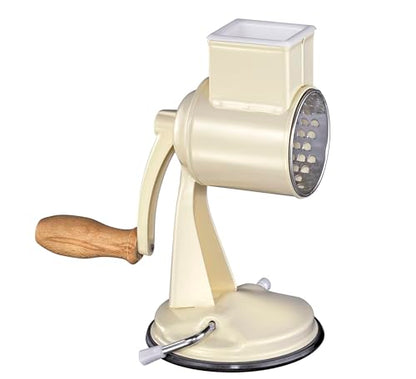 Zassenhaus Classic Drum Grater, Manual Kitchen Grater, Painted Metal, Beech Wood, Stainless Steel, Suction Base, 2 Grating Drums and Pestle, Can be Used as Vegetable Cutter, Cheese Grater and Slicer - color: Cream