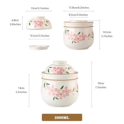 Hand-Painted Cherry Blossom Storage Jar, Double Lid Design Fermentation Crock, Household Water Seal Design Kimchi Jar, Ceramic Grain Container(2000ml) - size: 2000ml
