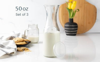 Glass Carafe Pitchers, by Kook, Large Carafe - set of 3, Beverage Dispensers, Clear Jugs For Mimosas, Water, Wine, Milk and Juice, with Plastic Lids, 50 oz Dishwasher Safe - color: Set of 3, 1.5 Liter