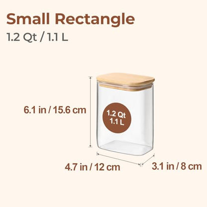 ComSaf 1.2 Qt Rectangle Glass Storage Containers with Lids, Glass Jars with Bamboo Lids, Clear Food Storage Jar, Sugar Coffee Containers, Pantry Container for Pasta Tea Candy Nut - size: 1.2 Qt-4Pcs