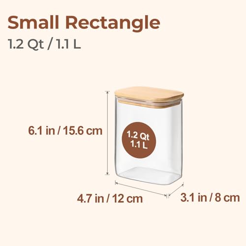 ComSaf 1.2 Qt Rectangle Glass Storage Containers with Lids, Glass Jars with Bamboo Lids, Clear Food Storage Jar, Sugar Coffee Containers, Pantry Container for Pasta Tea Candy Nut - size: 1.2 Qt-4Pcs
