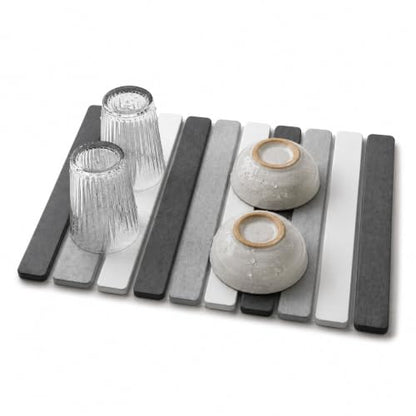 5 Pcs - Large Stone Dish Drying Mat for Kitchen Counter, Foldable Quick Dry Stone Dish Mat, Diatomaceous Earth Water Absorbing Pad 24"×16" & 2*8"x4" with 2 Coasters (Dark Grey + Light Grey + Grey) - color: Dark Grey + Light Grey + Grey