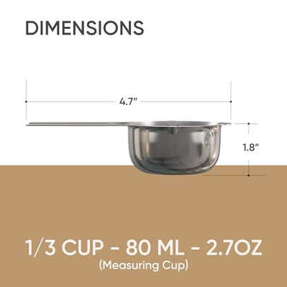 Color Up ⅓ Cup Measuring Cup (80 ml) – Premium Chrome Stainless Steel, Accurate for Wet & Dry Ingredients, Embossed Markings, Easy-Pour Spouts, Dishwasher-Safe, Kitchen Essential - size: 1/3 Cup (80 ml) Stainless