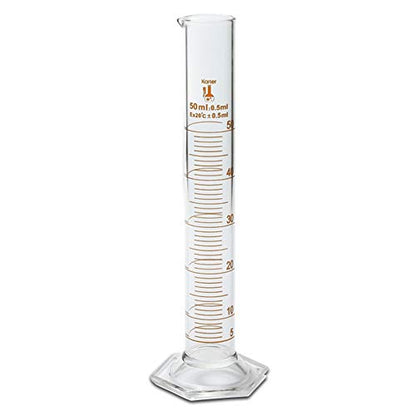 50ml Graduated Cylinder, Borosilicate 3.3 Glass, Single Metric Scale, Class B, Karter Scientific 246H7 (Pack of 2) - size: 50ml, style: Pack of 2