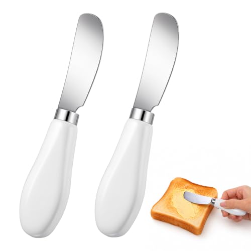 2 Pack Stainless Steel Butter Knife Spreader Knife Small Butter Knife Multipurpose Cheese Spreader with White Porcelain Handle for Kitchen Restaurant Party Kitchen Gadgets Cream Cheese Jam Pastry