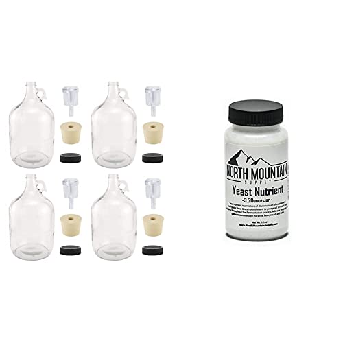 North Mountain Supply 1 Gallon Glass Fermenting Jug with Handle, 6.5 Rubber Stopper, 2-Piece Airlock, Black Plastic Lid - Set of 4 & Food Grade Yeast Nutrient - 3.5 Ounce Jar