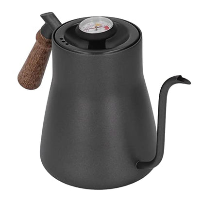 850ml Gooseneck Coffee Kettle with Thermometer, Stainless Steel Pour Over Pot with Wood Handle, Non Slip Bottom, and for Coffee Brewing