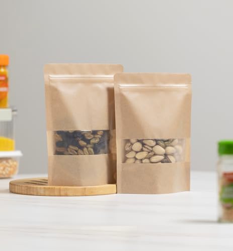 24/7 Bags- 200 Pack, Kraft Paper Stand Up Pouch Bag- 5.5" x 7.8", Resealable Zip-Lock with Front Window, Zero BPA, Easy Tear Notch, Self Stand Up, Food Grade Interior Coating - size: 5.5"x7.8"-200 Count