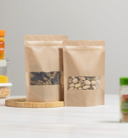 24/7 Bags- 200 Pack, Kraft Paper Stand Up Pouch Bag- 5.5" x 7.8", Resealable Zip-Lock with Front Window, Zero BPA, Easy Tear Notch, Self Stand Up, Food Grade Interior Coating - size: 5.5"x7.8"-200 Count