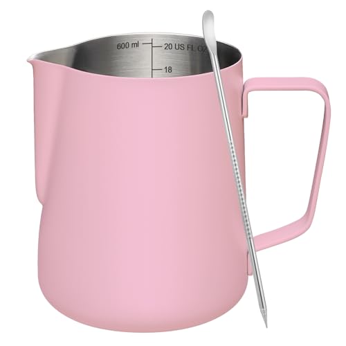 Amrules Milk Frothing Pitcher, 20 oz Milk Frother Cup with Clear Scale, 304 Stainless Steel Cappuccino Espresso Machine Accessories for Barista Coffee Bar with Latte Art Pen, Pink - color: Pink, size: 20 Ounces