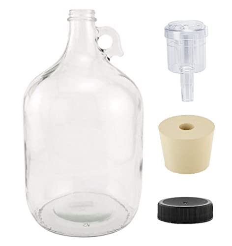 North Mountain Supply 1 Gallon Glass Fermenting Jug with Handle, 6.5 Rubber Stopper, 2-Piece Airlock, Black Plastic Lid - Set of 1 & Food Grade Potassium Sorbate Stabilizer - 2 Ounce Jar