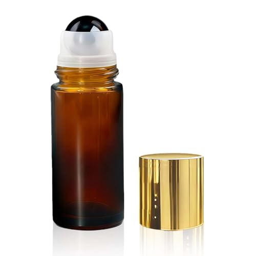 Obsidian Roller Bottles for Essential Oils, 50ml Refillable Amber Glass Roll On Bottles with Natural Crystal Roller Balls, Leak-Proof Travel Perfume Bottle with Gold Caps - color: Obsidian
