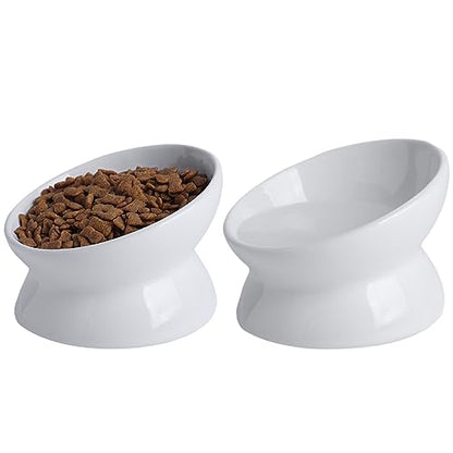 Elevated Ceramic Cat Bowl, 15° Tilted Raised Food & Water Dishes, Anti-Vomiting & Neck Protection Pet Feeder for Kittens, Small Dogs (5.2", White, 2pc Set) - color: White, size: 5Inch-2pc