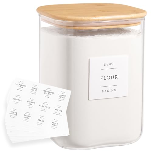Large glass flour and sugar containers with 132 Kitchen Pantry Labels - 110 oz Glass Food Storage Containers with Airtight Lids - Square Glass Jars with Bamboo Lids for Rice, Pasta, Cookies, grain