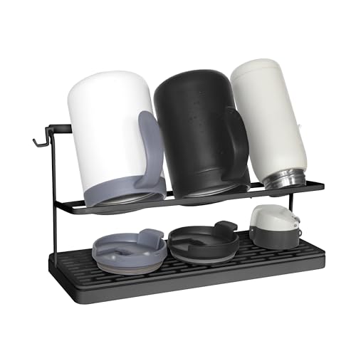 2-Tier Water Bottle Drying Rack for Countertop - Large Carbon Steel Cup Mug Organizer with Removable Drain Tray (Black) - color: Black