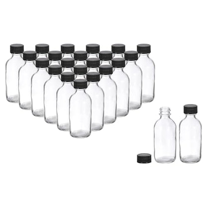 PATIKIL 2oz(60ml) Glass Sample Bottles, 24Pcs Round Bottle Dispensing Bottles with Black Poly Cone Cap for Reagent Liquids, Juice, Perfume Hot Sauce Ginger Shots, Transparent - color: Clear,Black, size: 2 oz