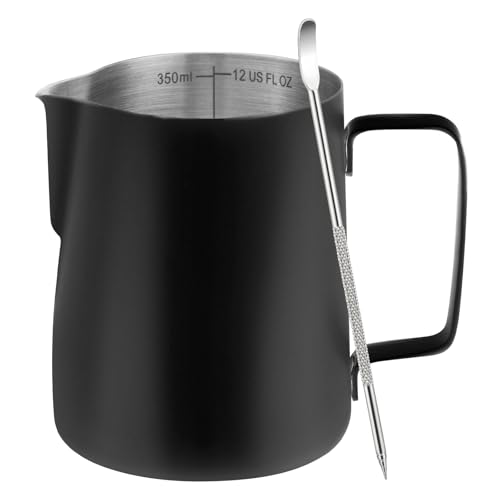 Amrules Milk Frothing Pitcher, 12oz Milk Frother Cup with Clear Scale, 304 Stainless Steel Cappuccino Espresso Machine Accessories for Barista Coffee Bar with Latte Art Pen, Black - color: Black, size: 12 Ounces