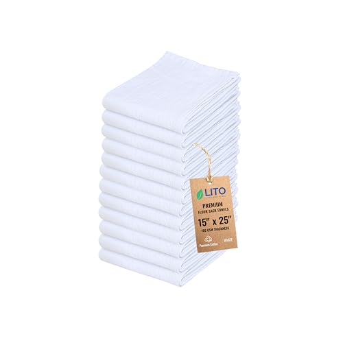 Flour Sack Towels | Tea Towel for Crafts| Kitchen Dish Cotton Blank Towel for Embroidery| Baking Bread Proofing Linen Cover| Thick Absorbent Quick Dry| 12 Pack 15"x 25" White - color: White, size: 15"x25"-Pack of 12