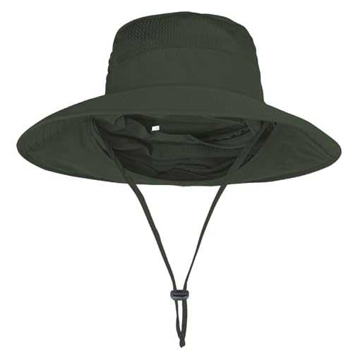 Sun Hats for Men Women Fishing Hat UPF 50+ Breathable Wide Brim Bucket Hats Summer UV Protection Safari Hat with Neck Flap - color: Army Green