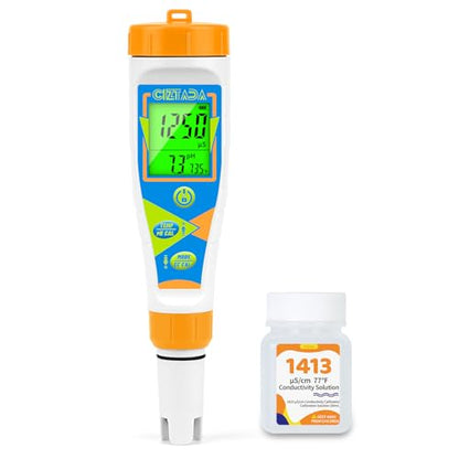 Digital pH Tester for Water pH EC PPM Meter for Hydroponics Nutrients with 1413μs/cm Calibration Solution pH Conductivity TDS Temperature Monitor Meter for Indoor Plant, Pool, Drinking Water
