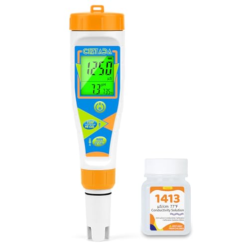 Digital pH Tester for Water pH EC PPM Meter for Hydroponics Nutrients with 1413μs/cm Calibration Solution pH Conductivity TDS Temperature Monitor Meter for Indoor Plant, Pool, Drinking Water